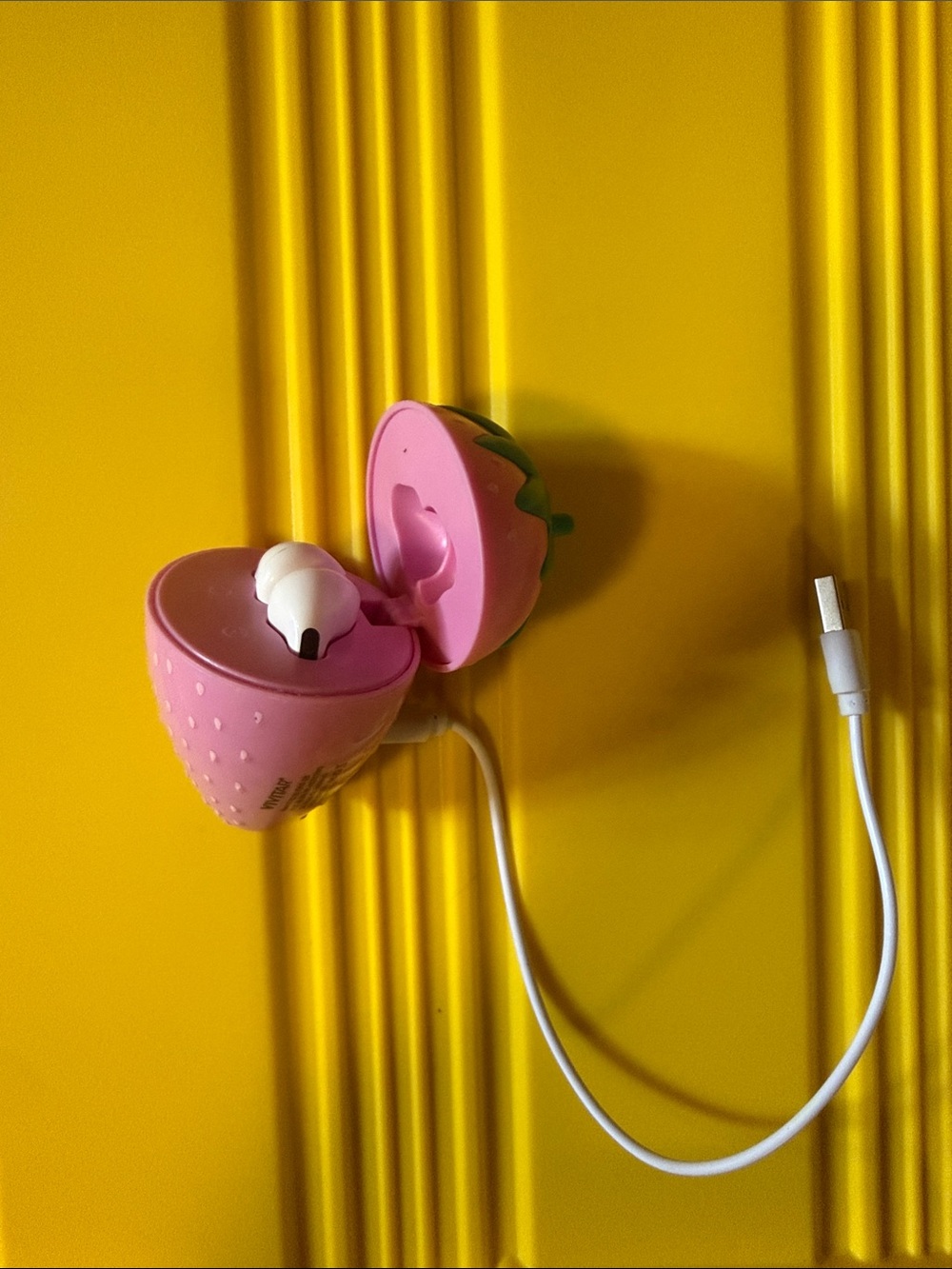 Pink Strawberry Earbud Case with White Earbuds
